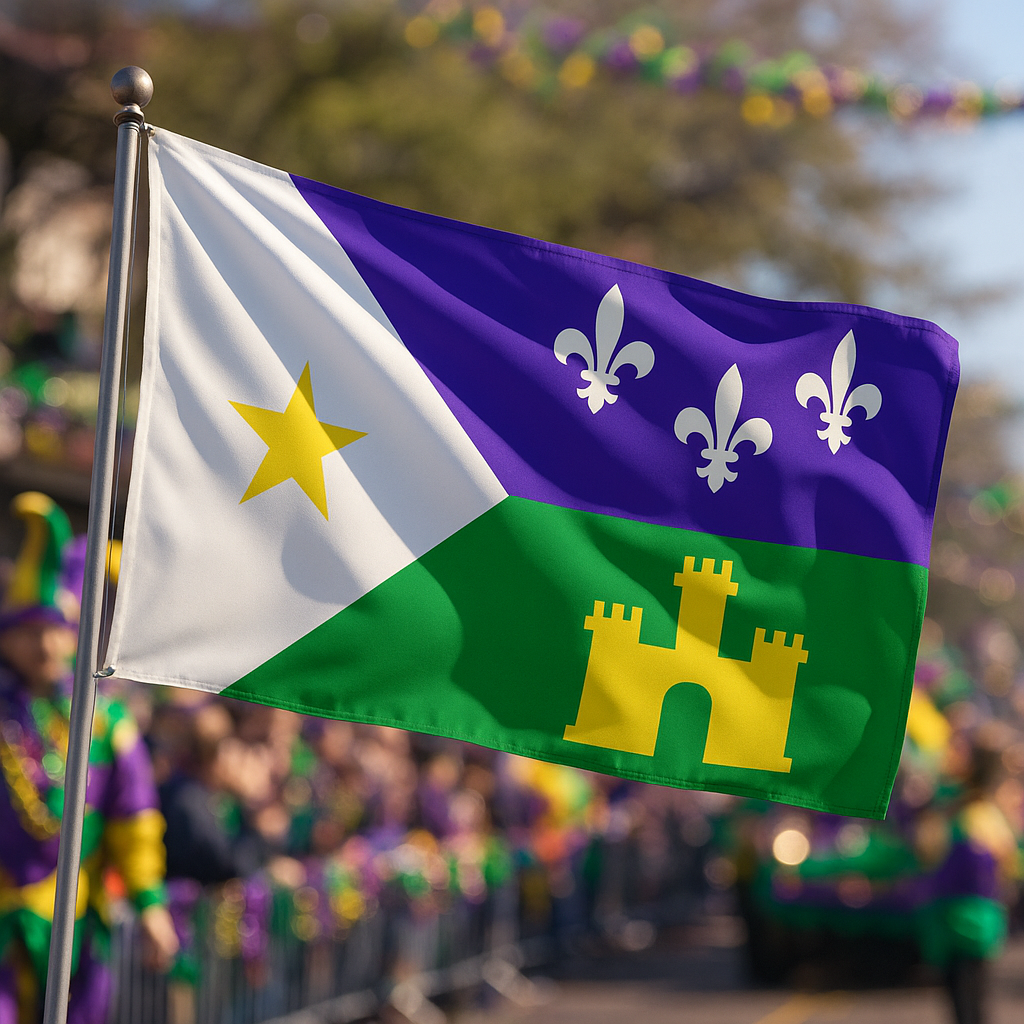Flag with white, purple, and green sections featuring symbols, waving in front of a blurred crowd.