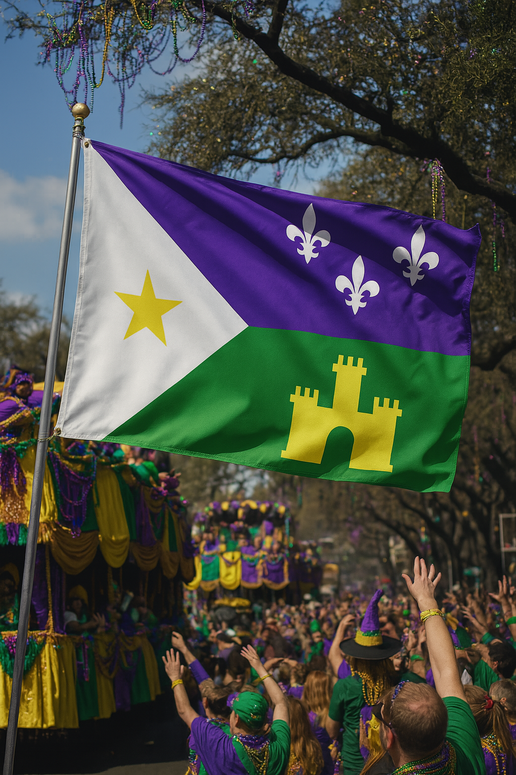 Flag with star, fleur de lis, and castle design at a Mardi Gras parade.